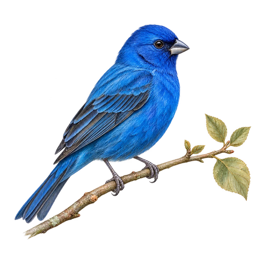 Illustration: Indigo bunting perched on a leafy twig