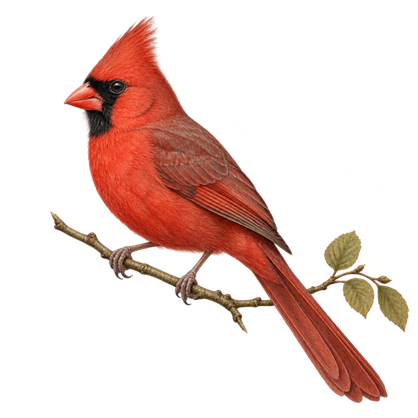 Illustration: Northern cardinal perched on a leafy twig
