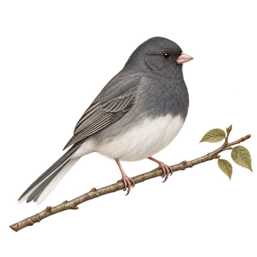 Illustration: Dark-eyed junco perched on a leafy twig