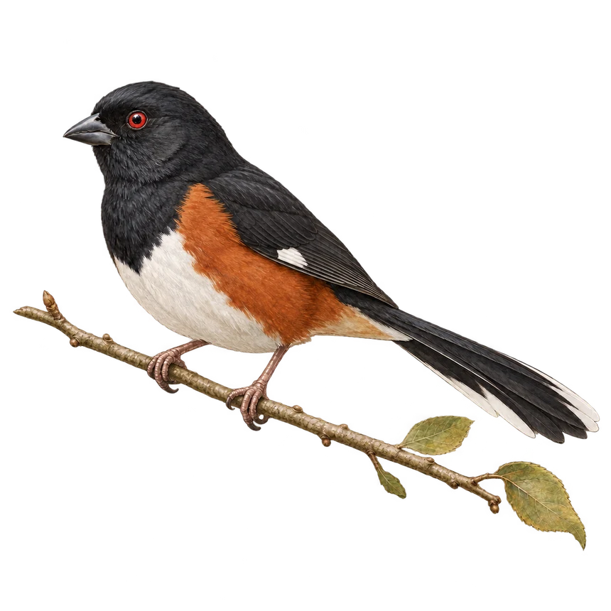 Illustration: Eastern towhee perched on a leafy twig