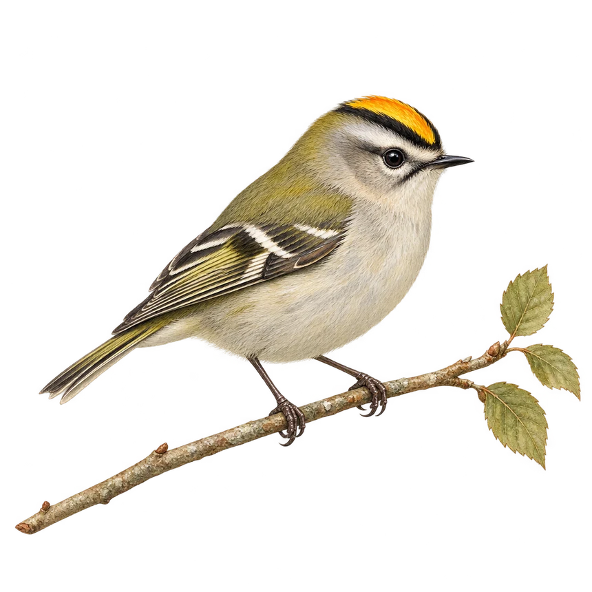 Illustration: Golden-crowned kinglet perched on a leafy twig