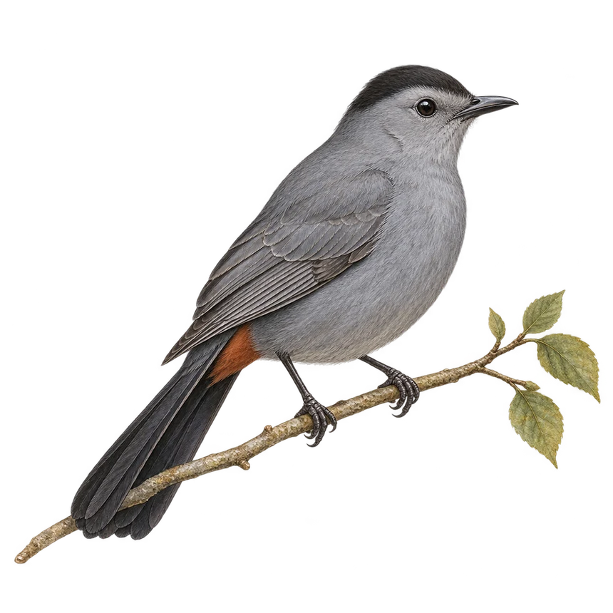 Illustration: Gray catbird perched on a leafy twig