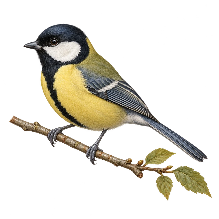Illustration: Great tit perched on a leafy twig