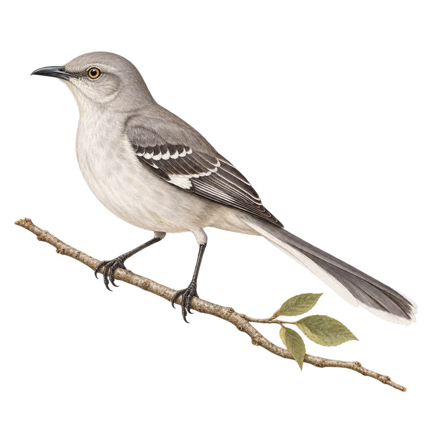 Illustration: Northern mockingbird perched on a leafy twig