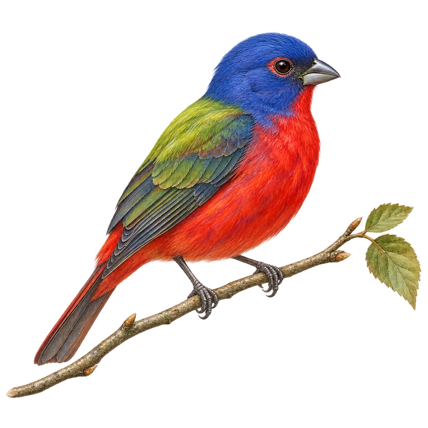 Illustration: Painted bunting perched on a leafy twig