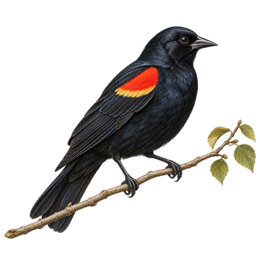 Illustration: Red-winged blackbird perched on a leafy twig
