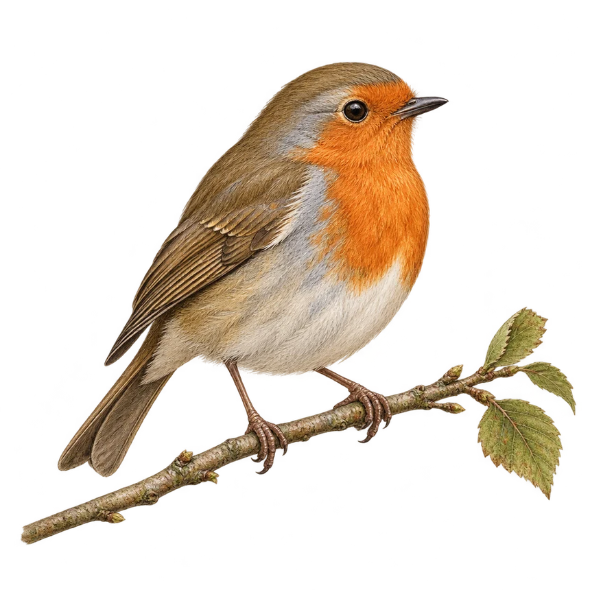 Illustrated European robin perched on a leafy twig