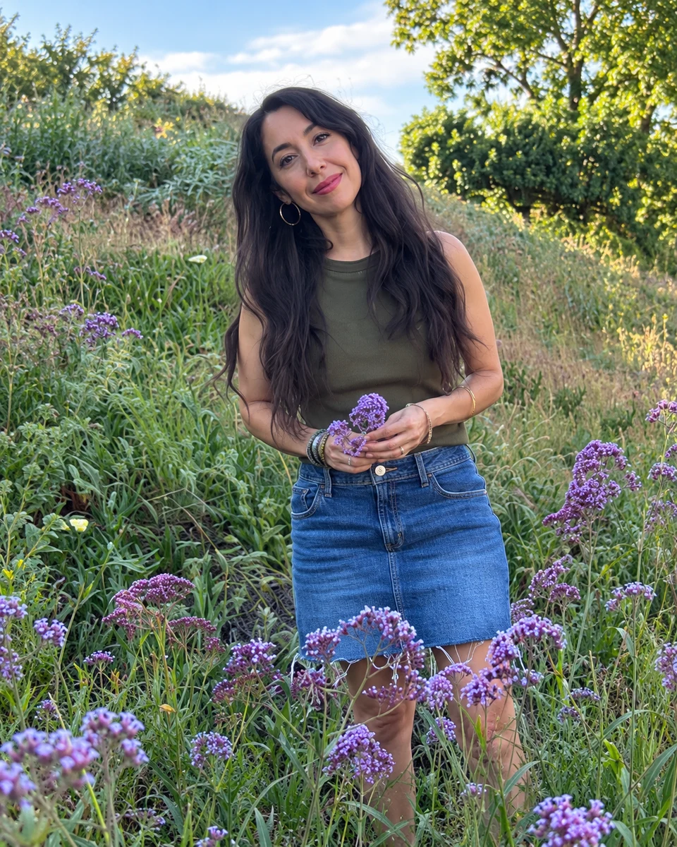 Jamie Seif holding purple flowers in a meadow
